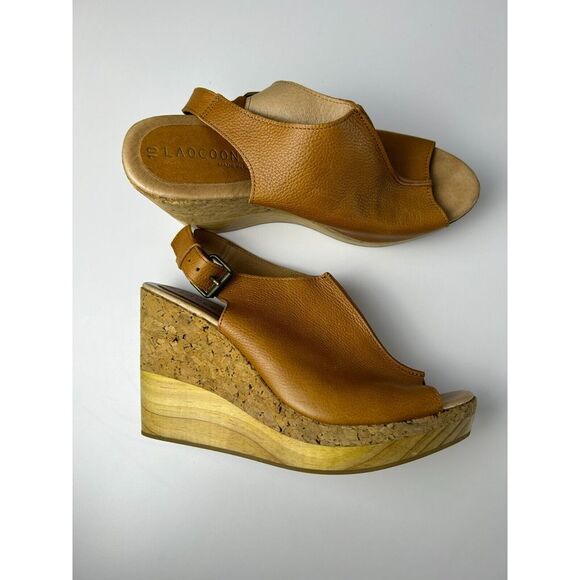 LAOCOONTE Julianne Tan Sling Back Leather Platform Wedge Casual Sandals‎ Size 10 - Picture 5 of 16